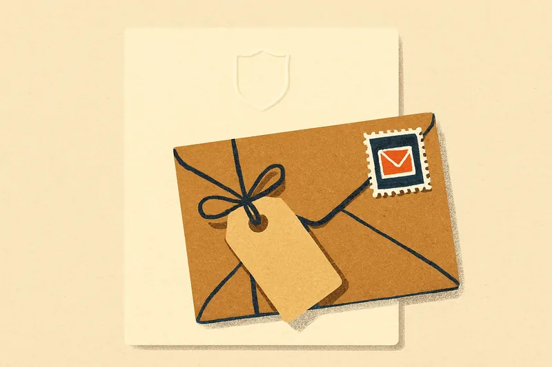Embossed letterhead sheet with kraft envelope and address tag — custom domain business email address