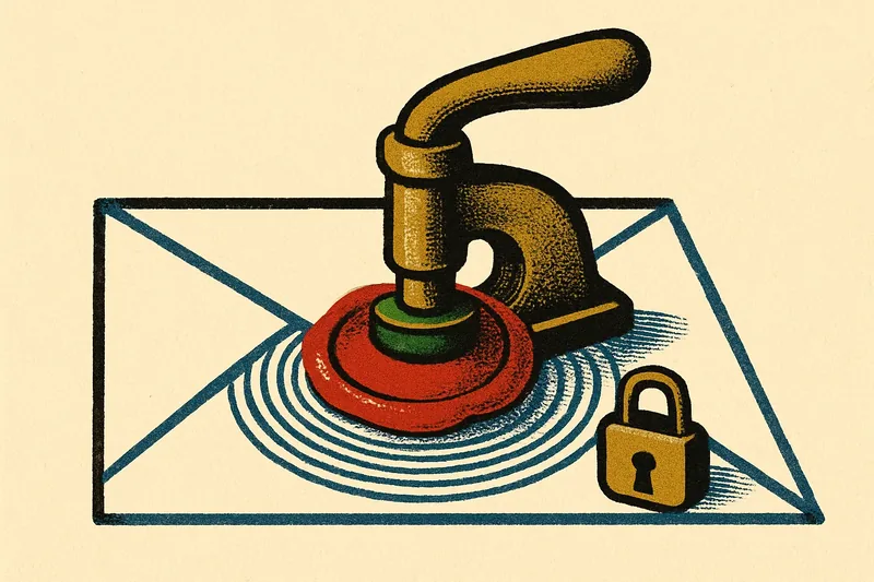 Brass seal press stamping red sealing wax onto an envelope — secure business email with spam filtering and encryption