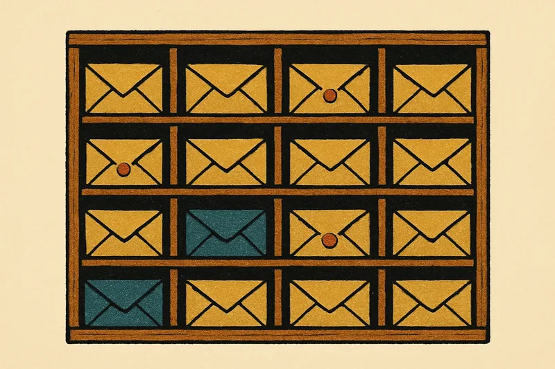 Wooden pigeonhole mail sorting shelf with envelopes — team mailboxes and company email accounts